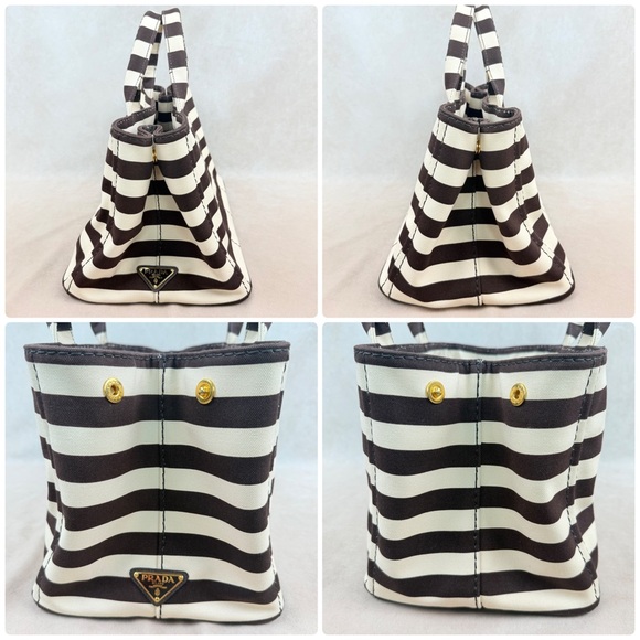 Prada Canapa Tote Chocolate Brown & Ivory Stripes w Strap + Dust Bags - Picture 16 of 17
